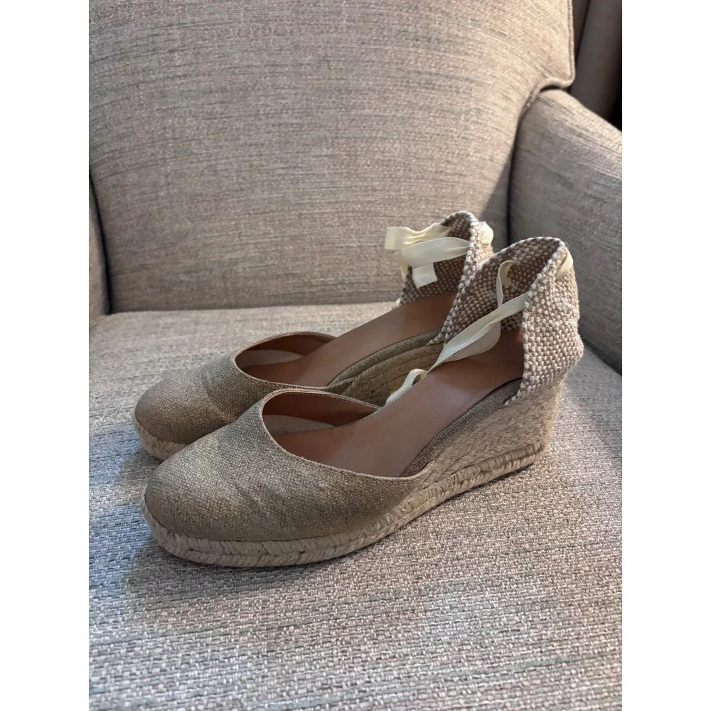 Castaner Carina Gold‎ Metallic Espadrille Wedge Sandals Ankle Tie Spain Size 38